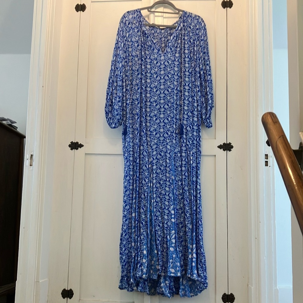 Zara blue white delicate floral print semi sheer midi Boho dress EUC XL